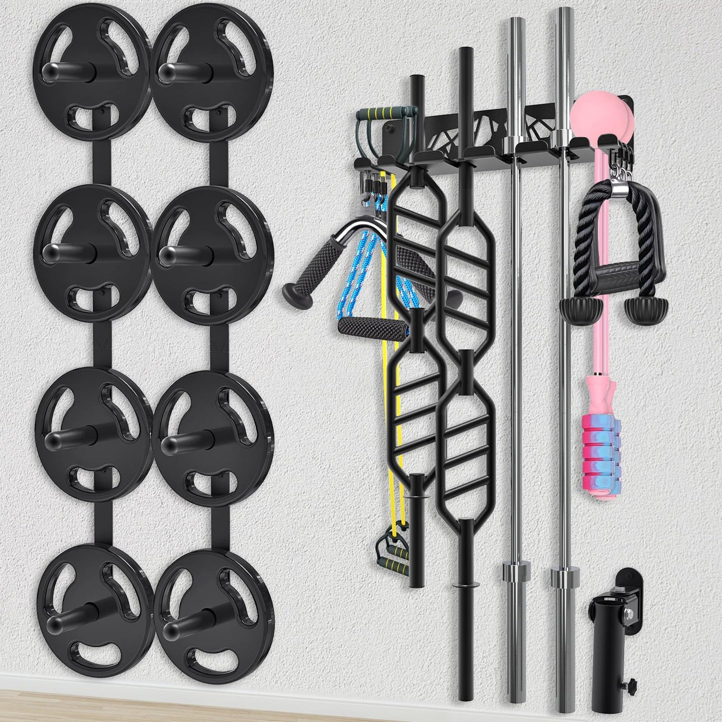 Kipika Gym Organizer Set - Wall Mounted 4 Pegs Weight Plate Storage Rack, Barbell Storage Rack with T-Bar Row Landmine Platform Attachment - Durable Steel Construction, Easy Installation