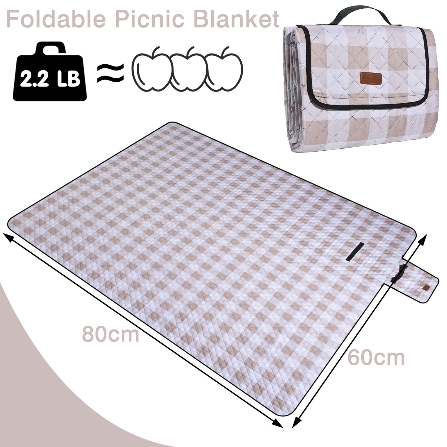 Extra Large Picnic Blanket 80''x 60'' Picnic Mat Waterproof Sand Proof Foldable for Beach, 5-Layer Outdoor Blanket for 6 to 8 Adults,Camping Lawn Hiking Travel Park Music Festival Wedding Mats(Brown)