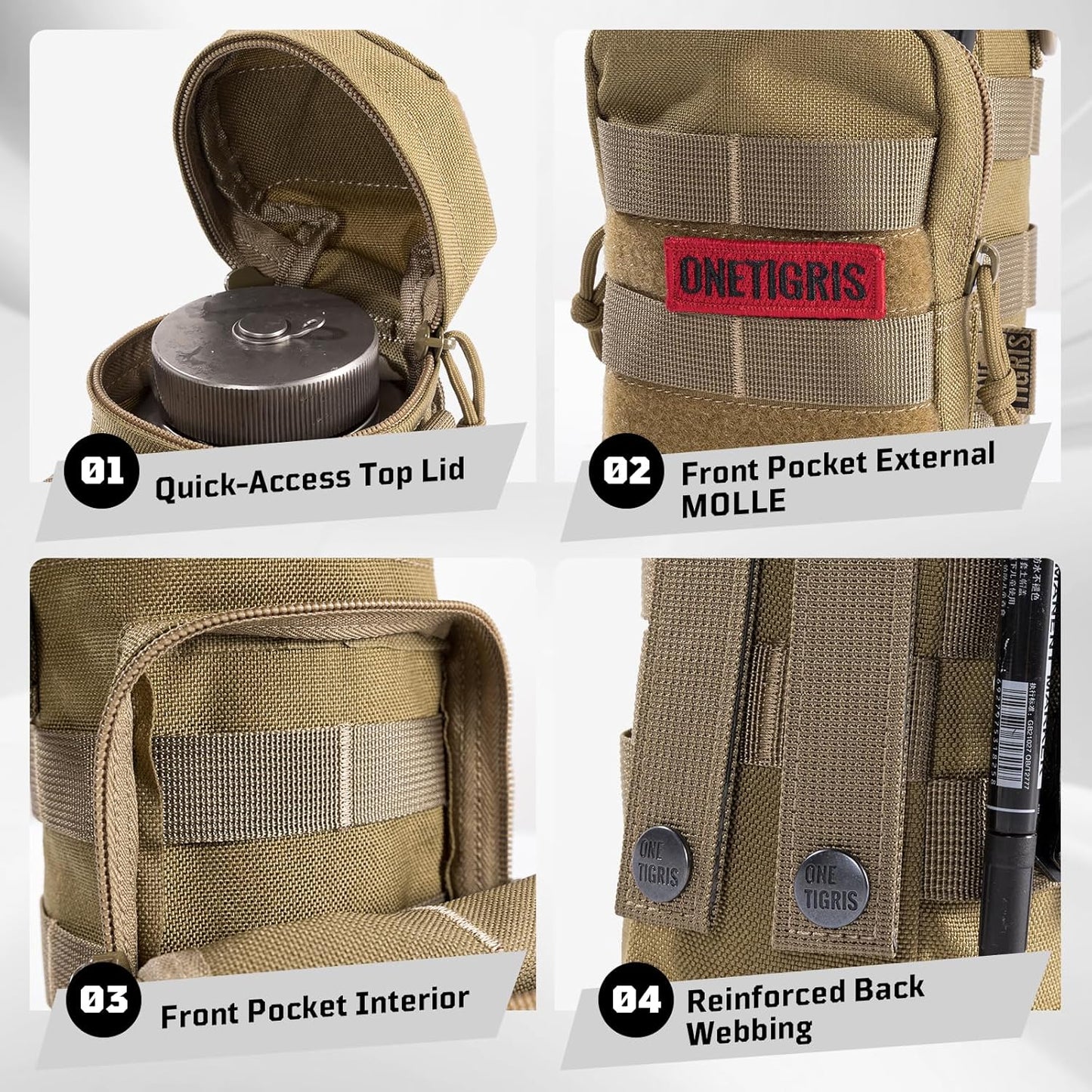 OneTigris Molle Water Bottle Pouch, 32oz Sniper Bottle Holder Tactical Hydration Carrier Bag with Extra Pouch and Detachable Shoulder Strap 1000D Nylon for Hiking Camping Climbing