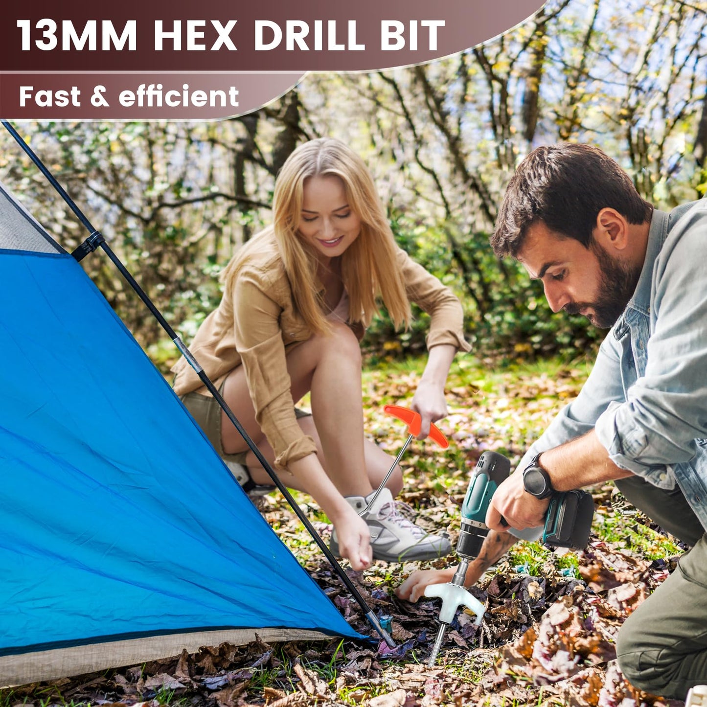 12 Pack Tent Stakes, 8" Ground Anchors Screw Drill in Heavy Duty Ground Pegs Camping Stakes Tent Pegs with Hex Head Driver, Spikes Puller, 4x10ft Rope and Storage Box
