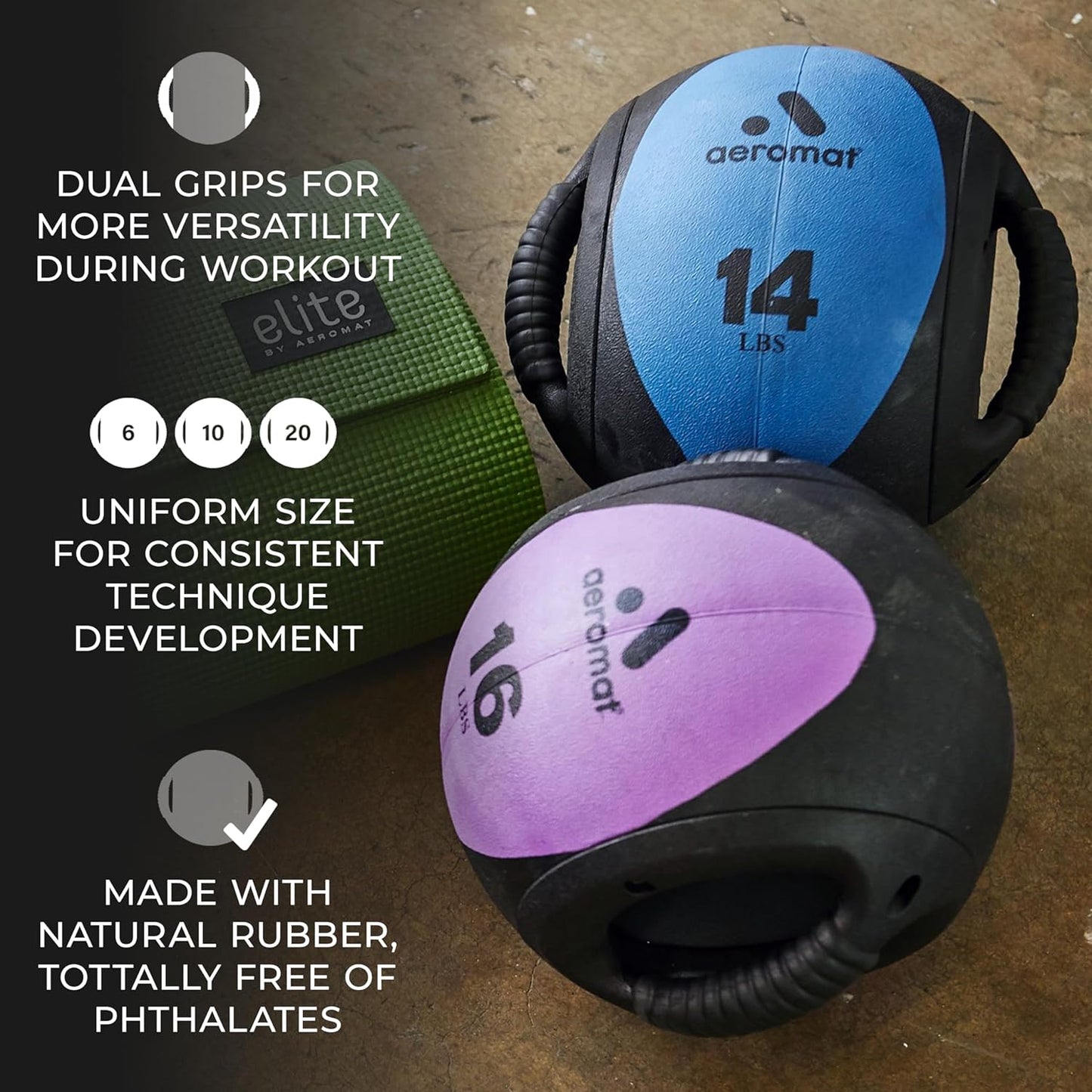 Aeromat Dual Grip Power Medicine Balls for Abdominal Training and Rotational Movements - 9" Diameter - Weights Color-Coded