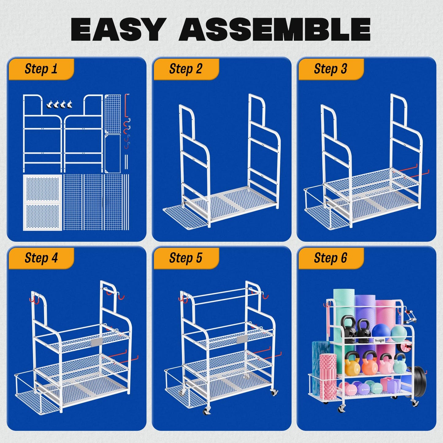Yes4All Dumbbell Rack, Weight Rack for Home Gym, Sports Equipment Organizer for Dumbbells Kettlebells Yoga Mat Foam Roller and Balls, All in One Gym Workout Storage with Wheels and Hooks, White