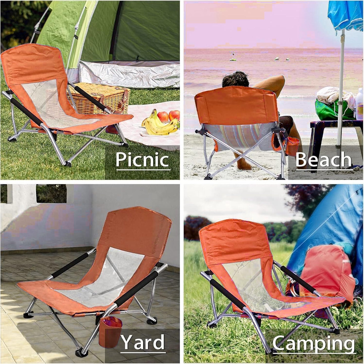 CAMP SOLUTIONS Camp Folding Beach Chair for Adults 2 Pack Chairs with Cup Holder Pocket Headrest Carry Bag for Outdoor, Beach, Camping, Lawn, Music Festival (Orange)