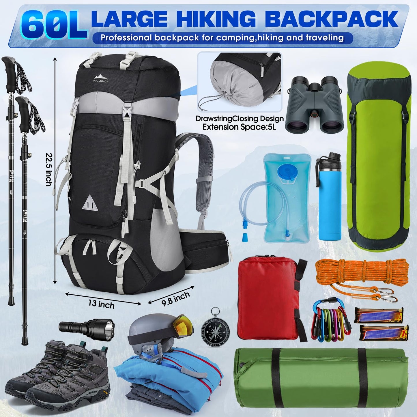 IGOLUMON 60L Hiking Backpack, Large Camping Backpack with Rain Cover Waterproof Travel Hiking Daypack Lightweight Backpacking Pack for Men Women, Black