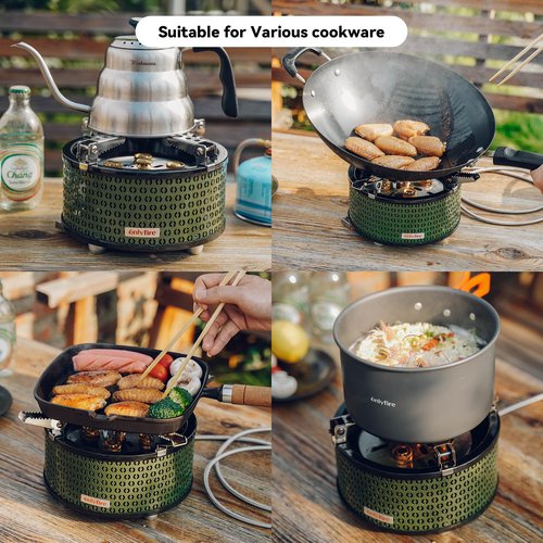 ONLYFIRE Portable Camping Gas Stove with Storage Bag & Foldable Brackets, 5 Burners Camp Stove 3 Fuels Adapters, Propane Stove for Outdoor Cooking Picnic Camping Backpacking Hiking, Green GS344