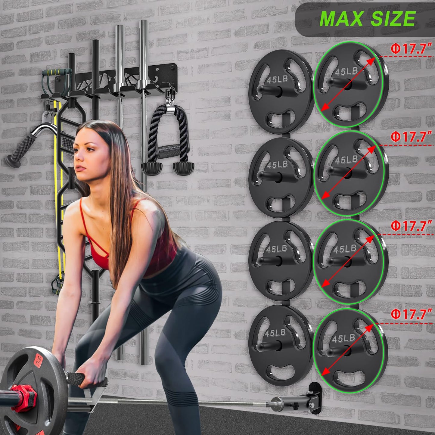 Kipika Gym Organizer Set - Wall Mounted 4 Pegs Weight Plate Storage Rack, Barbell Storage Rack with T-Bar Row Landmine Platform Attachment - Durable Steel Construction, Easy Installation