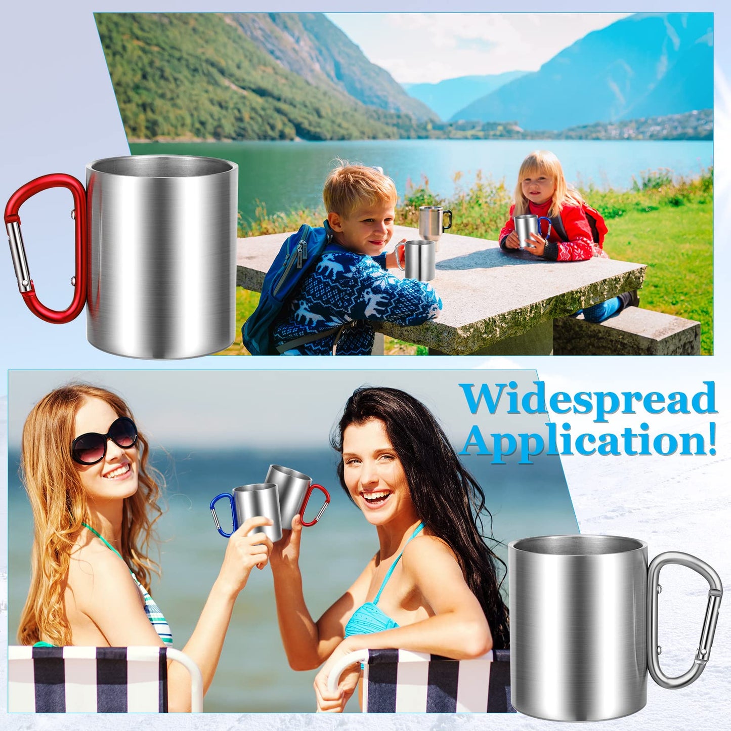 Nuanchu 12 Pcs Insulated Stainless Steel Camping Cup 10 oz Portable Camping Coffee Mug with D Ring Handle Hiking Mug for Home Tea Hot Cold Drinks Outdoor Sports Travel Backpacking Kitchen, 3 Styles