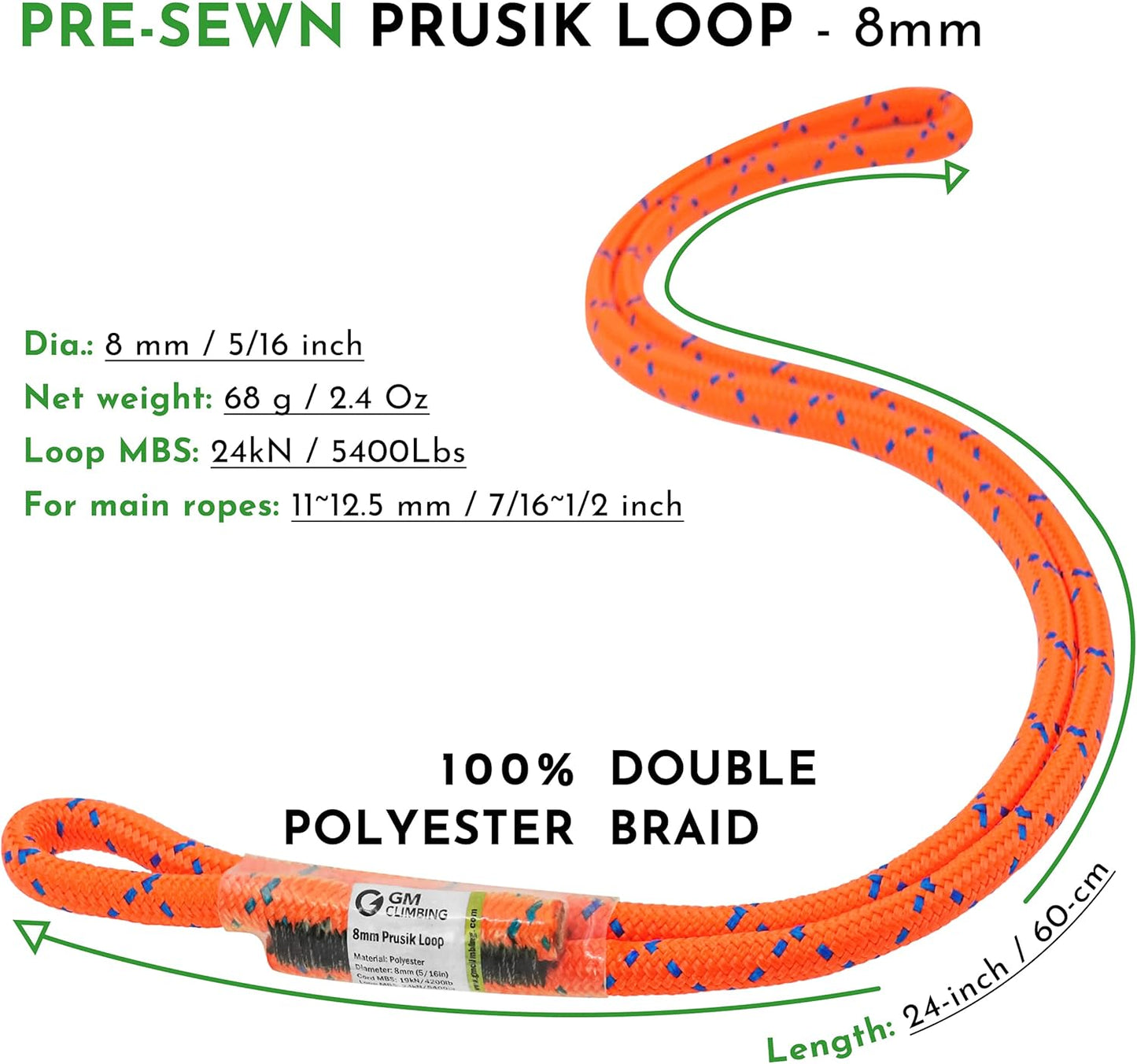 GM CLIMBING 8mm (5/16") Prusik Loop Pre-Sewn 18 inches / 24 inches