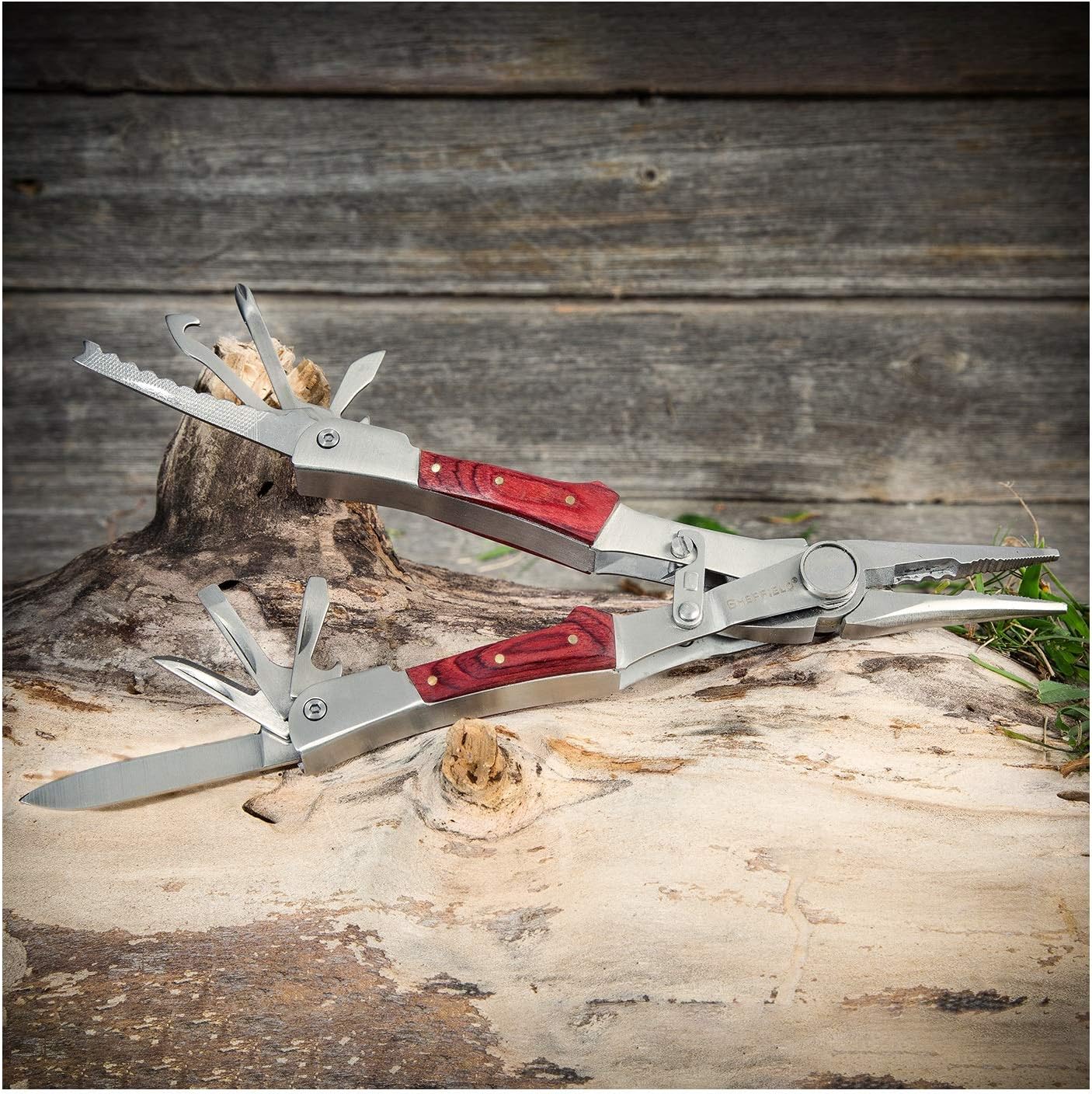 Sheffield 12301 Axe Multi Tool, 12-in-1 Camping Knives & Tools, Utility Tool Double Axe Head, Camping Tool, Stainless Steel Knife Multitool