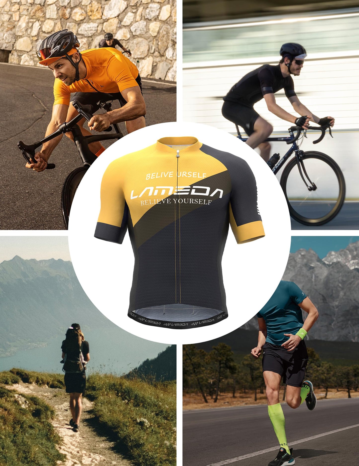 LAMEDA Men's Cycling Jersey Short Sleeves Bike Jersey for Men Cycling with 8 Pockets,Tight-Fitting Breathable Quick-Drying Bike Shirt High-Elastic Pro Road Cycling Top Bicycle Shirt Yellow