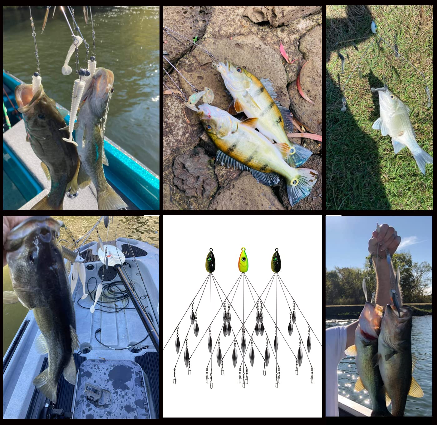 HCHinn Alabama Rig for Bass Striper Fishing Lures Baits 5 Arms Umbrella A-Rig Swimbaits with 8 Willow Leaf Blades for Trout Perch Walleye Freshwater/Saltwater Boat Trolling and More
