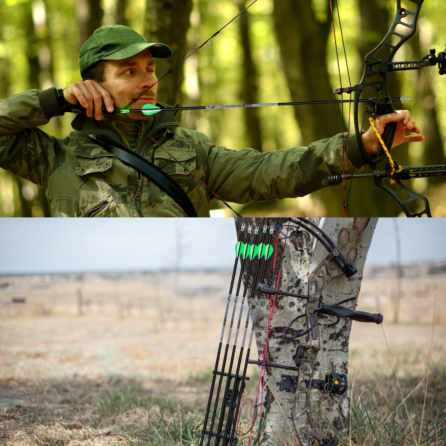 KEAUP 31 inch 100% Carbon Arrows and Broadheads .244/6.2mm Lighted Nocks Set, 6 Pack Hunting Compound Bow and Recurve Bow Shaft Spine 300/350/400/500 (Spine 350, Green)