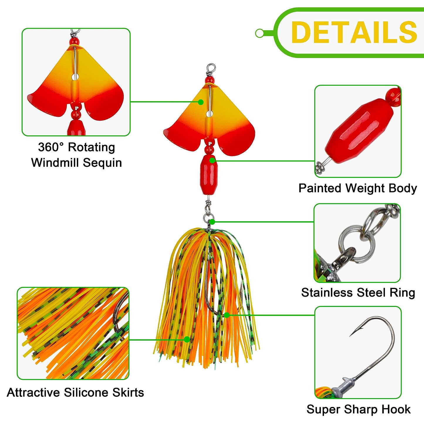 Spinnerbait Fishing Lures Kit Set, 6pcs Bass Fishing Buzzbait Multicolor Bass Trout Salmon Metal Spinner Baits Swim Jigs Freshwater Saltwater Fishing