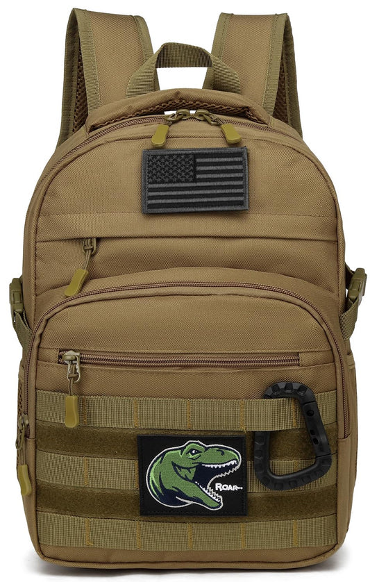 Kids Tactical Backpack Army Molle Bookbag Military Boys Backpack for School, Outdoor, Camping (Includes 2 Patches +1 Carabiner), Brown