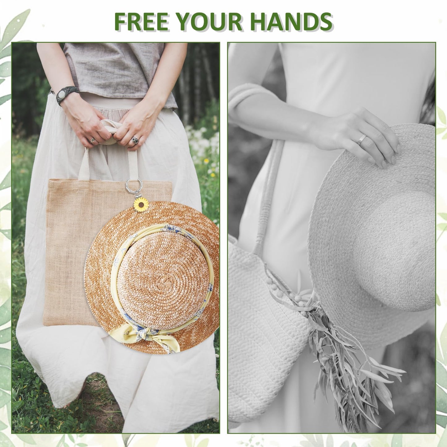 2 Pcs Hat Clip for Travel on Bag- Securely Attach Hats to Bags, Totes, Luggage - Hands-Free, Prevents Loss at Beach/Outings (US, Alpha, One Size, Bamboo Ring, Yellow & White Flowers)