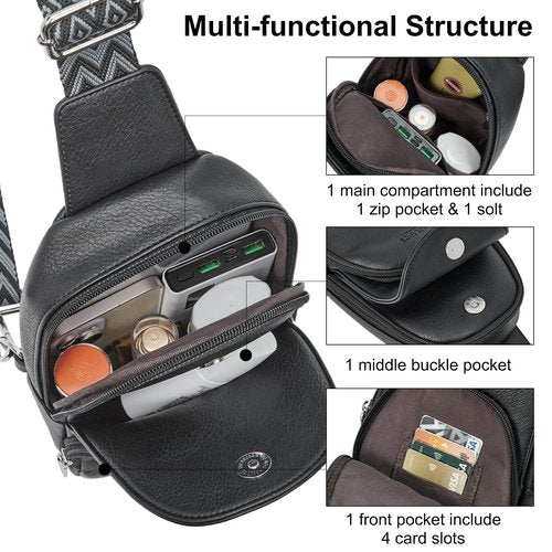 CLUCI Sling Bag - Crossbody Bag for Women's Travel, Black Leather Sling Backpack