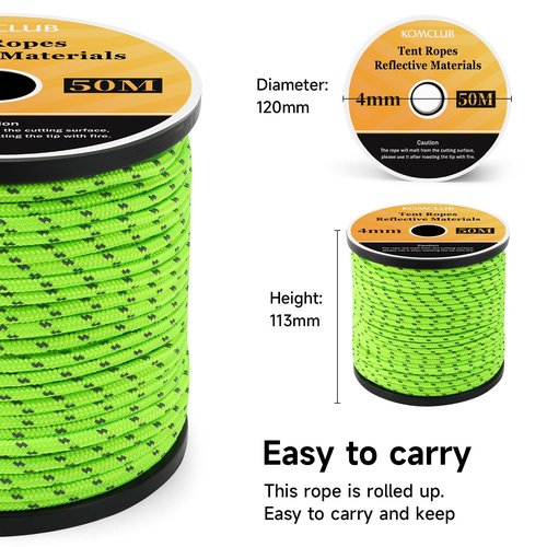 KOMCLUB 50M Reflective Guy line Tent Cords Solid 4mm Lightweight Camping Rope Braid Tent Guide Guy Straps for Tent Tarp Canopy Shelter Camping Hiking Backpacking Water Activities Survival Gear (GREEN)