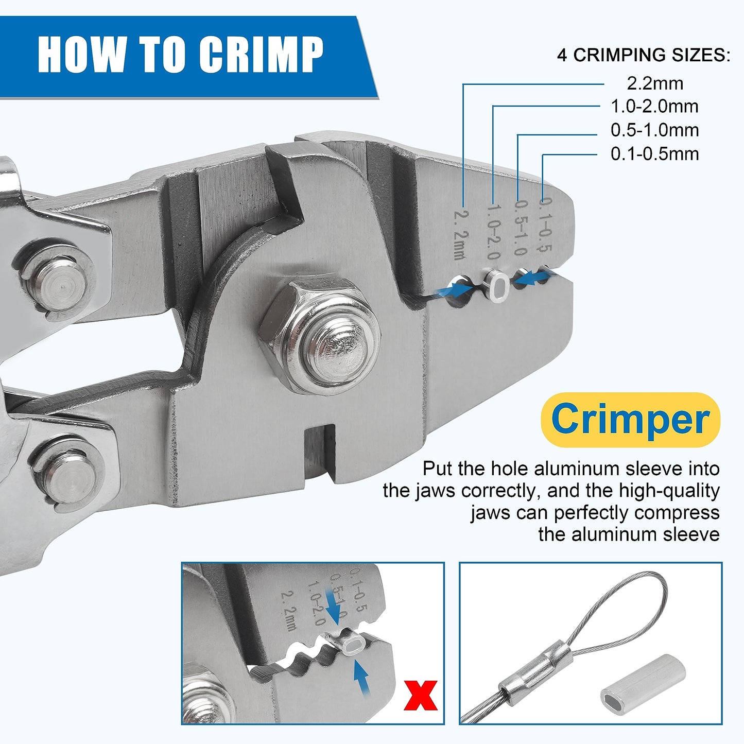 Fishing Crimping Tool Kit,Stainless Steel Fishing Crimping Pliers Wire Rope Crimping Tool with 430pcs 5 Sizes Aluminum Copper Barrel Crimp Sleeves Beads Set,4 Crimping Sizes