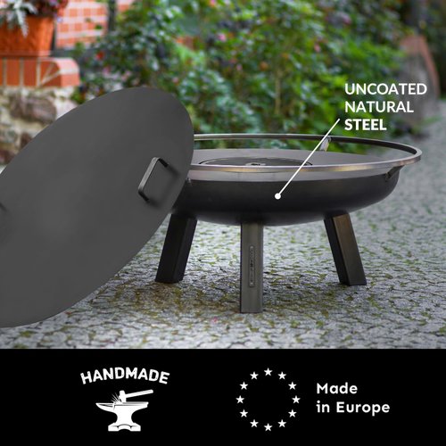 Ember 32" Handcrafted Cooking Fire Pit, Cooking Grill Plate Attachment and Cover Lid Attachment for Wood Burning for Backyard Grilling Campfire for Camping, Outdoor Steel, Good Directions Firepit