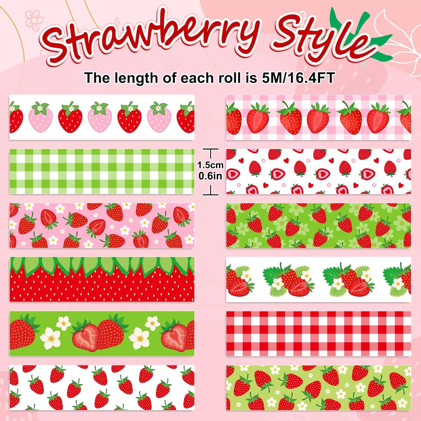 12 Rolls Strawberry Washi Tape Sweet Red Berry Decorative Masking Tape Set Summer Fruit Wrapping Paper Tapes for Scrapbook Journal DIY Art Crafts