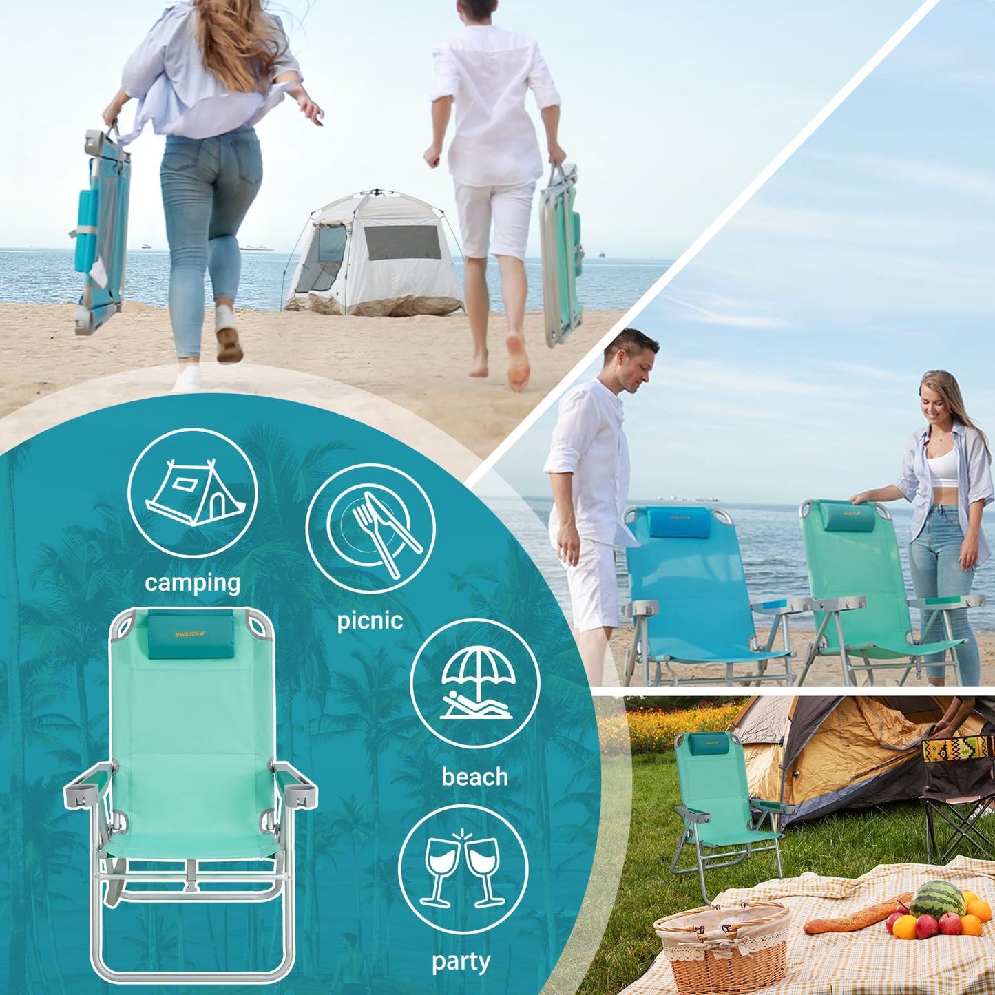 #WEJOY Beach Chairs for Adults Aluminum HeavyDuty Folding Reclining Beach Chair with 5 Positions for Outdoor Lawn, Support 300LBS Portable Camping Chair with Headrest,Cup Holder and Bottle Opener