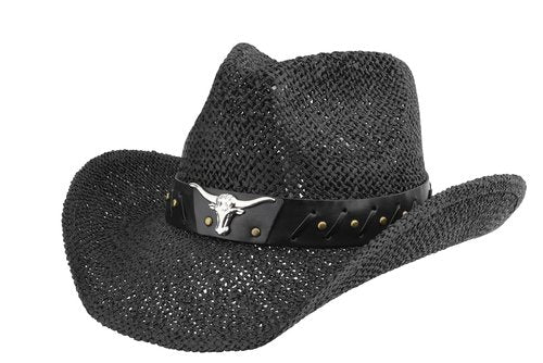 Melesh Straw Cowboy Hat for Women Men Sun Beach Western Cowgirl Hat (US, Alpha, One Size, Black -OX)