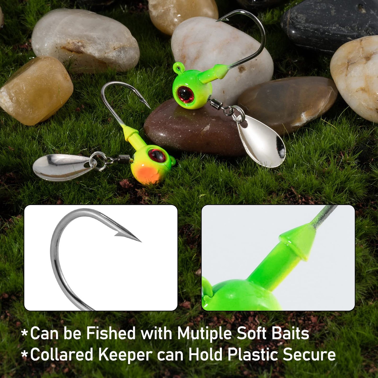 Dr.Fish 10 Pack Underspin Jigs Heads Freshwater Swimbait Ball Jig Bass Walleye Fishing Hooks Colorado Spinner Blade Flat Bottom Stand up 1/8oz