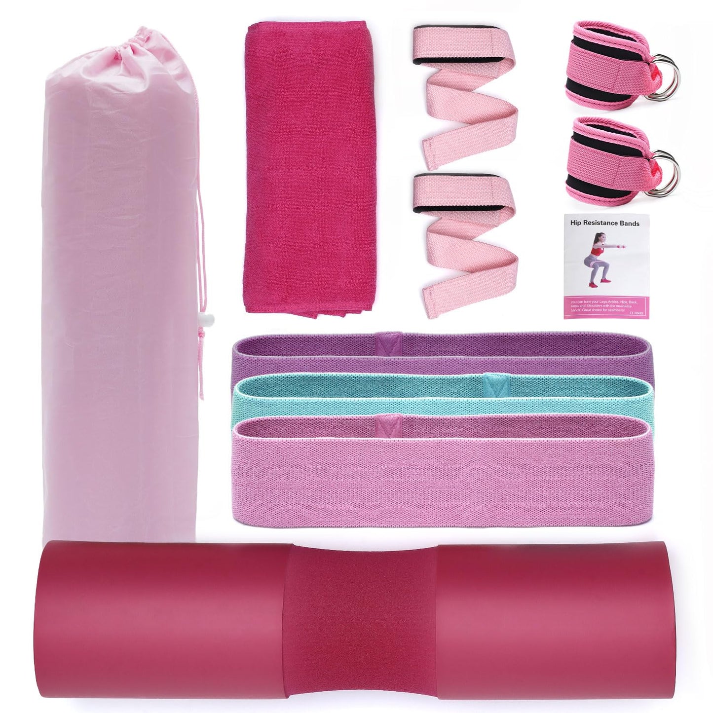 11 Pcs Barbell Pad Set, Gym Accessories Barbell Squat Pad for Hip Thrusts, Lunges,Leg Day,2 Gym Ankle Safety Straps,3 Resistance Bands & 2 Lifting Straps,Barbell Pad with Carry Bag, Towel & Guide Book