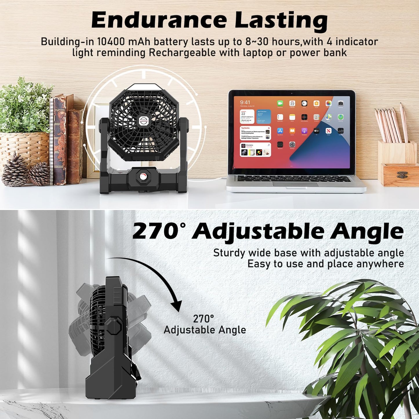 Howhio Camping Fan Rechargeable, 10400mAh Portable Battery Operated Camping Fan for Tents, Hangable USB Silent Camping Fans with LED Lantern, Suitable for Fishing, Camping, Bedroom, Workplace (Black)