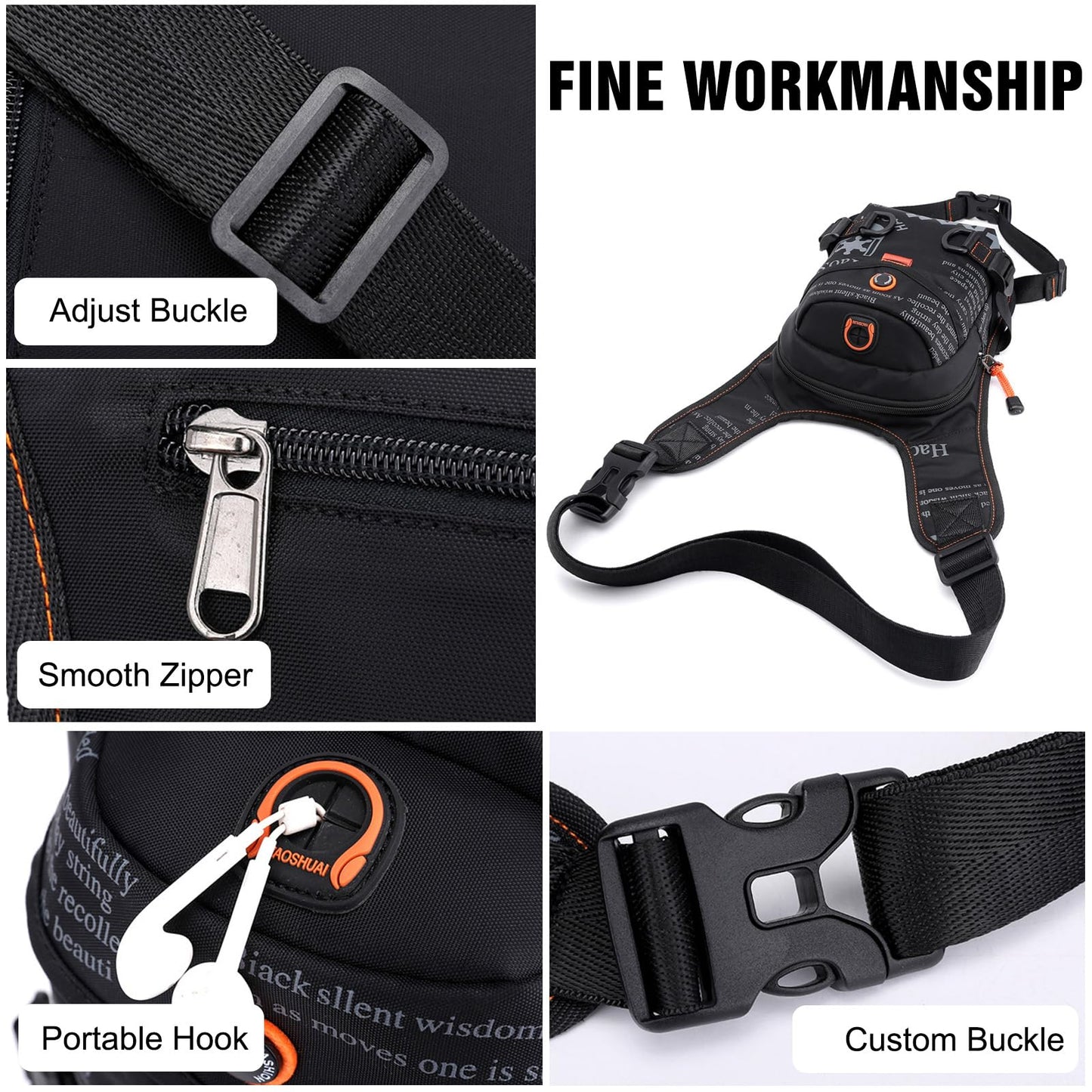 FANDARE Thigh Drop Leg Bag for Men Women with Leg Strap Waist Fanny Pack Bumbags Sling bag Motorcycle Chest Crossbody Cover Pack for Cycling Travel Outdoor Sport Gym Shoulder Bag Black