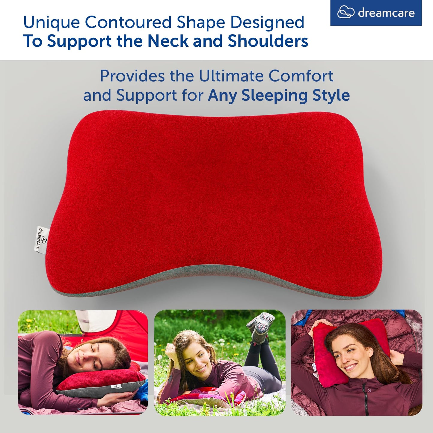 DREAMCARE Camping Pillow, Memory Foam Travel Pillow, Camping Accessories - Small Pillow Camping Essentials Camping Pillows for Sleeping, Backpacking Pillow, Travel Pillows for Sleeping (Medium, Red)