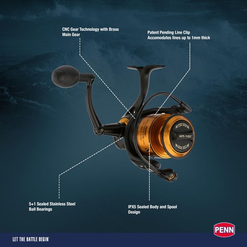 PENN Spinfisher VII 6500 Saltwater Spinning Reel, Right/Left Handle Position, IPX5 Seal, HT-100 Front Drag, Superline Spool, Precise CNC Gear Technology