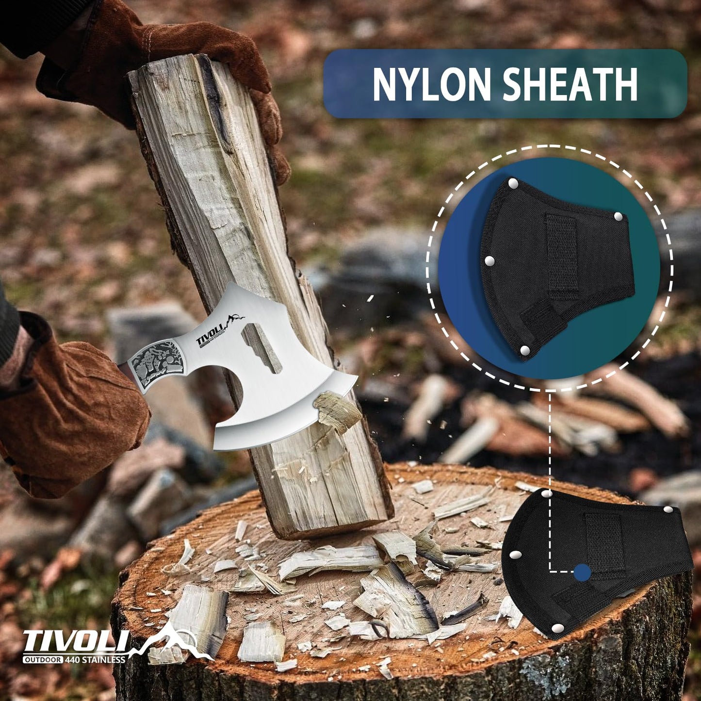 TIVOLI 8.86" Camping Axe, Survival Hatchet with Hex Wrench Slots, High Carbon Steel Blade Outdoor Bushcraft Axe with Nylon Sheath, Ergonomic Wood Grip Camping Gear for Hiking, Chopping, Hunting