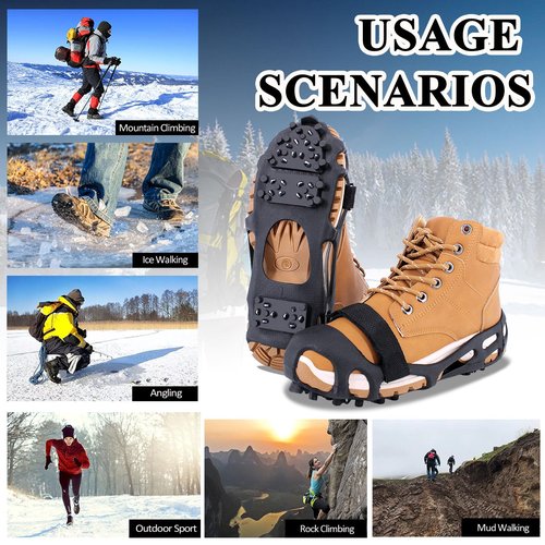 MOVOYEE Ice Cleats for Shoes and Boots Women Men Kids, Crampons for Hiking Boots Climbing Fishing Jogging Footwear,Rubber Stainless Steel Traction Nonslip Grips Spikes for Shoes On Ice Winter Walking