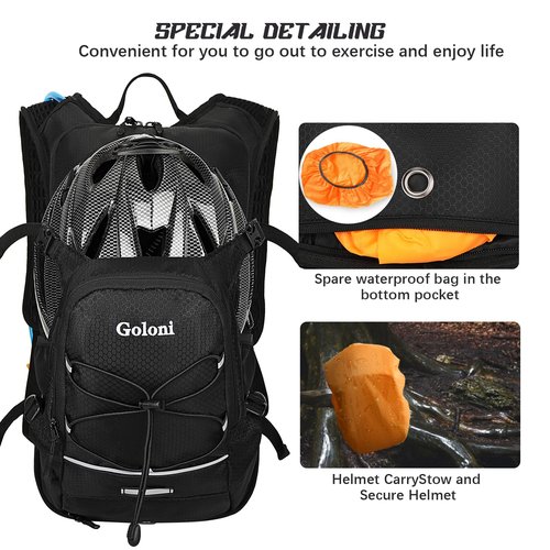 Goloni Hydration Hiking Backpack, 22L, Black, Unisex, Modern, Water Resistant, 6 Pockets, 5.5" x 11" x 18.5", Perfect for Hiking, Running, Sports