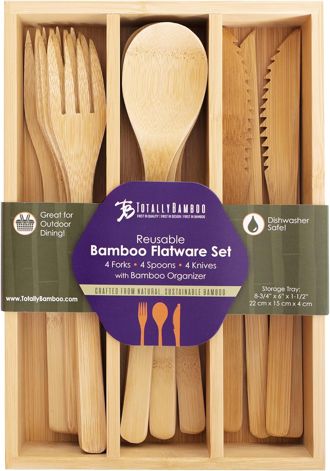 Totally Bamboo 12-Piece Reusable Bamboo Flatware Set with Portable Storage Case, Dishwasher Safe