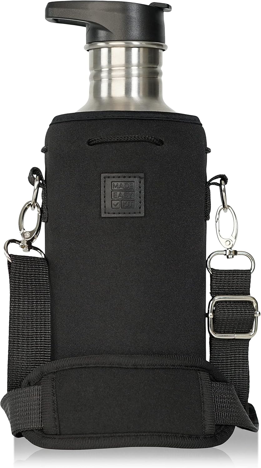 Insulated Neoprene Water Bottle Carrier | Adjustable Sling Pouch | Black, Large