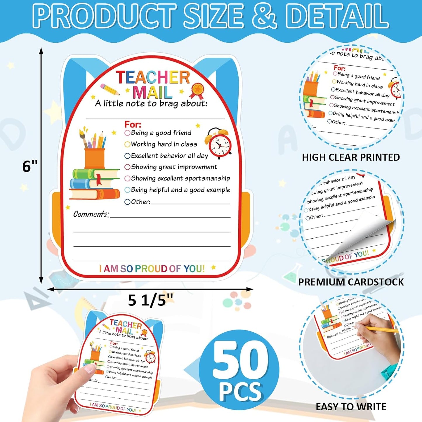 50Pcs Teacher Mail Notes to Parents, Smiley Face Happy Mail Postcards Classroom Good Behavior Incentive Motivational Cards to Send Home for Preschool Kindergarten Elementary School Teacher Supplies