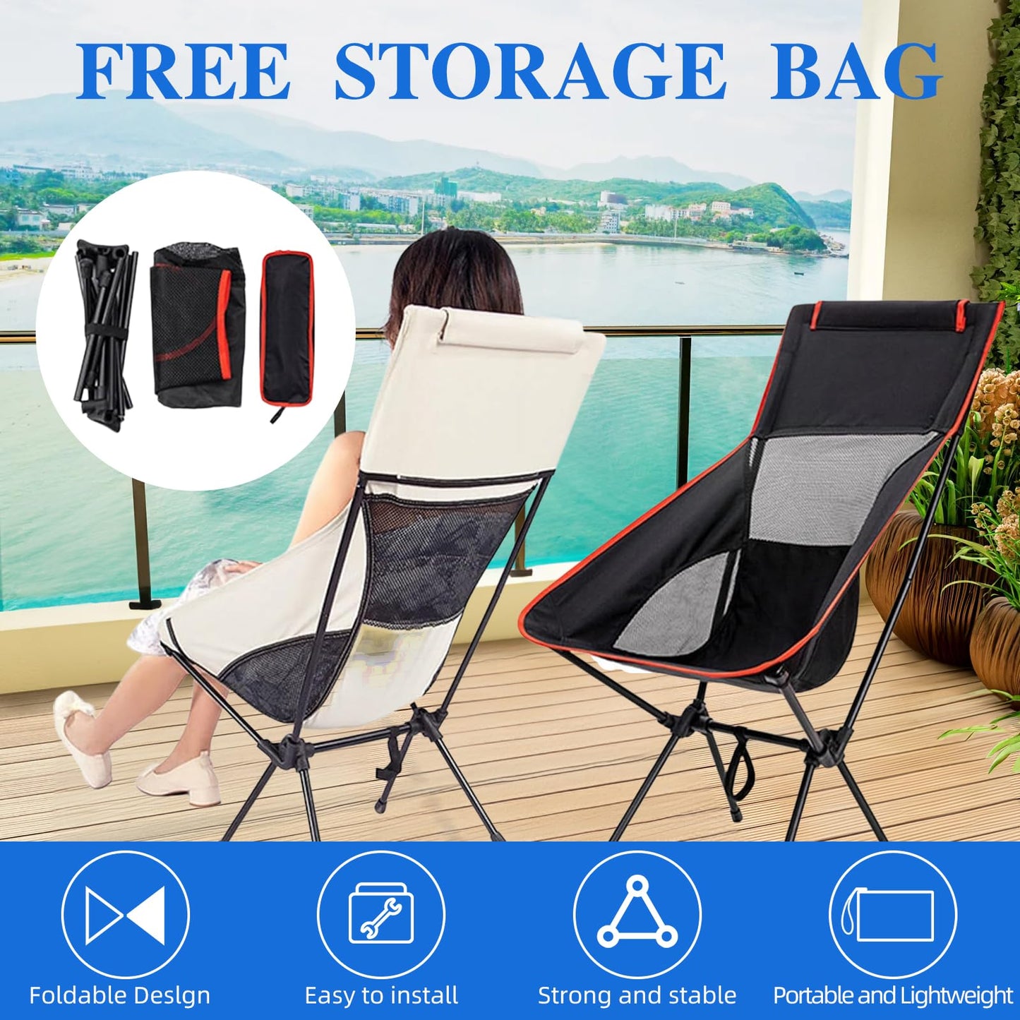 2 Pack Portable Camping Chair Backpacking Chair - Ultralight Folding Chair - Compact, Lightweight Foldable Chairs for Hiking Mountaineering, Beach-Navy Blue
