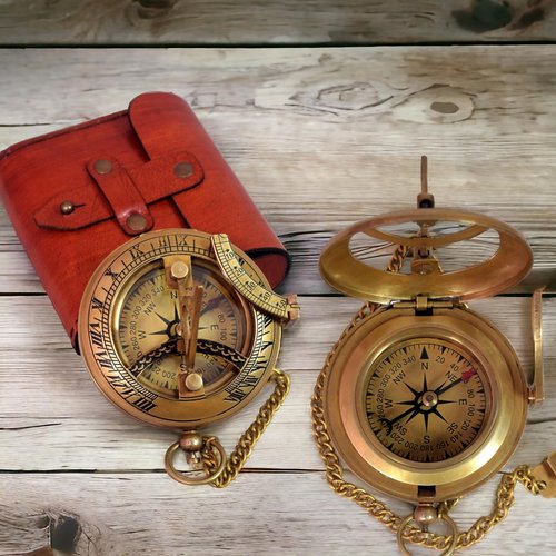 BAZROSS Vintage Brass Sundial Compass with Leather Case - Antique Brass & Copper Sun Clock for Camping, Hiking, Touring - Engraved Gift for Him - Nautical Ship Replica Watch - Sundial Clock in Box