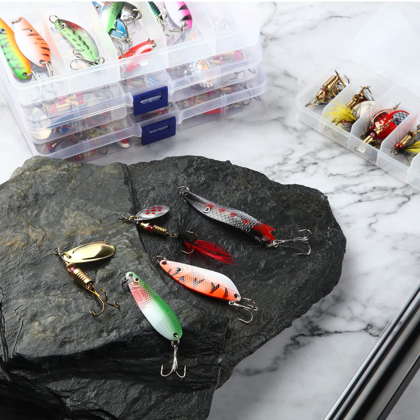 100 Pcs Fishing Lures Spinner Baits Metal Trout Lures Fishing Spinners and Spinnerbaits Metal Baits Kit with 4 Pcs Tackle Box for Salmon Bass Walleye Crappie