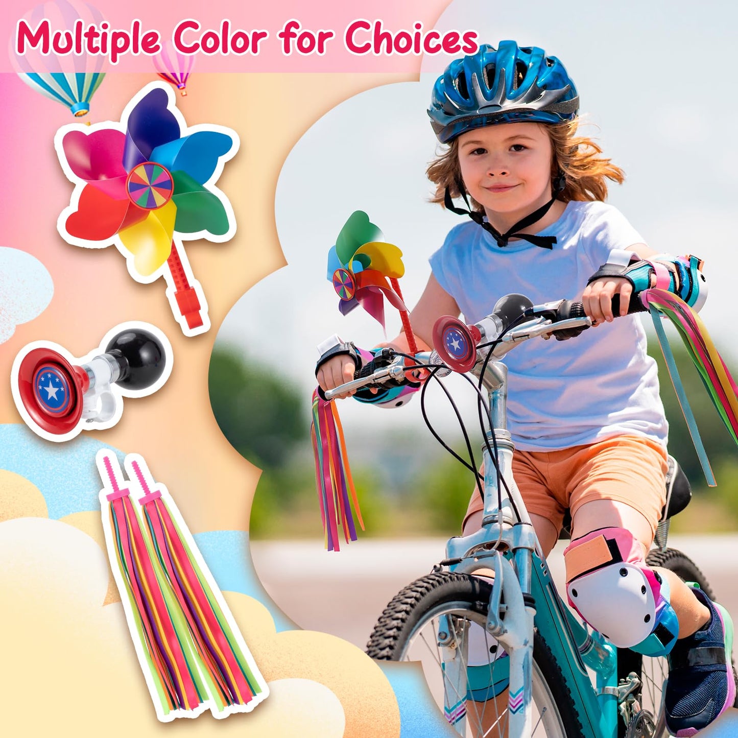 Kids Bike Horn Set, Children Bicycle Bell with 2 Pcs Bike Handle Streamers, and Windmill Kid Bike Accessories for Girls or Boy(Blue)