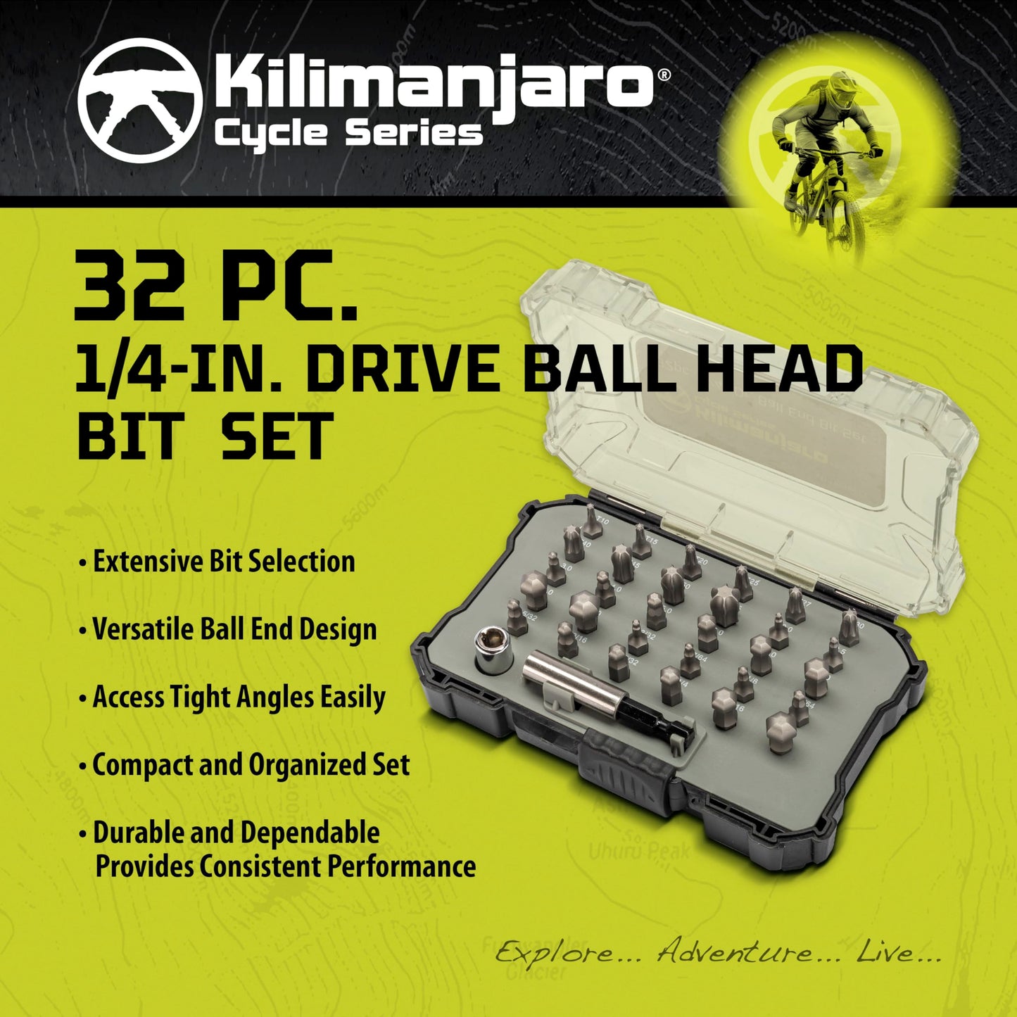 Kilimanjaro 36-Piece 1/4-Inch Drive Ball Head Bit Set – Metric, SAE & Torx Bits with Coupler & Magnetic Bit Holder – Compact Storage Case – 910539ECE
