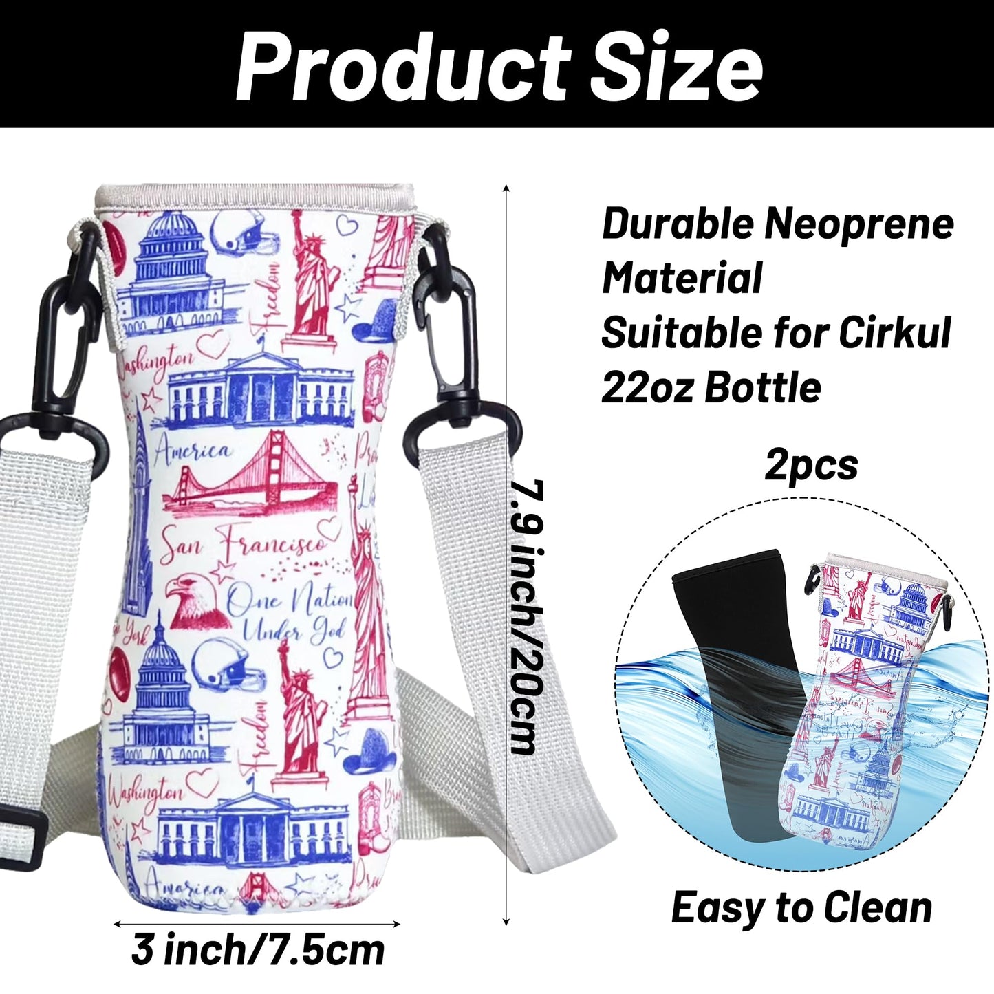 ARefugen 2Pcs Sleeve Fit for 22 oz Cirkul Water Bottle - Neoprene Insulated Sleeve for Plastic Glass Stainless Steel Bottle, Water Bottle Cover Holder Carrier with Shoulder Strap (Patriotic & Black)