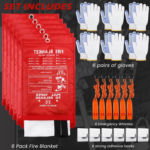 Copkim 6 Sets Emergency Fire Blanket for Home Fire Suppression Thermal Blankets with Emergency Whistles, Hooks and Gloves for Kitchen, Fireplace, Car, Office, 39.3" x 39.3"