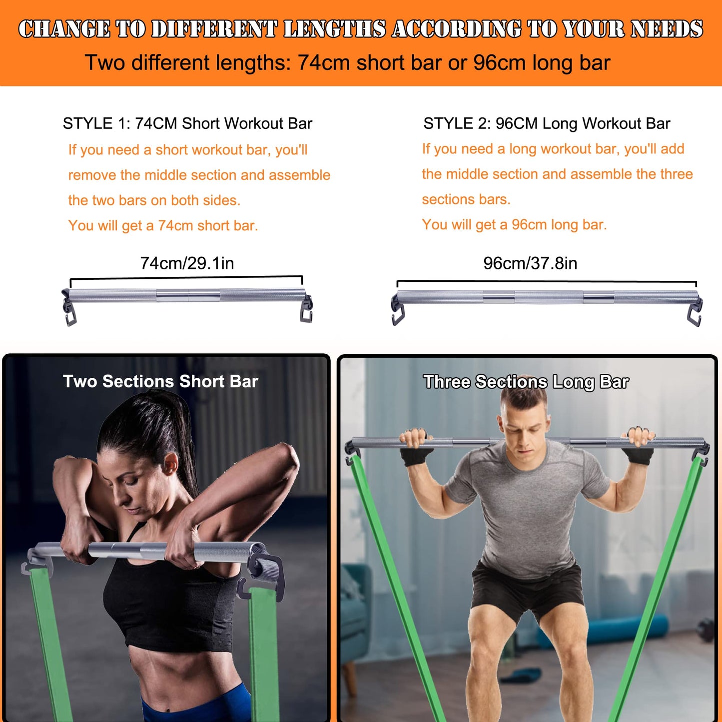 J Bryant Fitness Heavy-Duty Resistance Band Bar with 2 Resistance Bands, E-Shaped Hook Design, 500lb Load Capacity, Anti-Slip Surface, Carry Bag Included, for Strength Training and Fitness