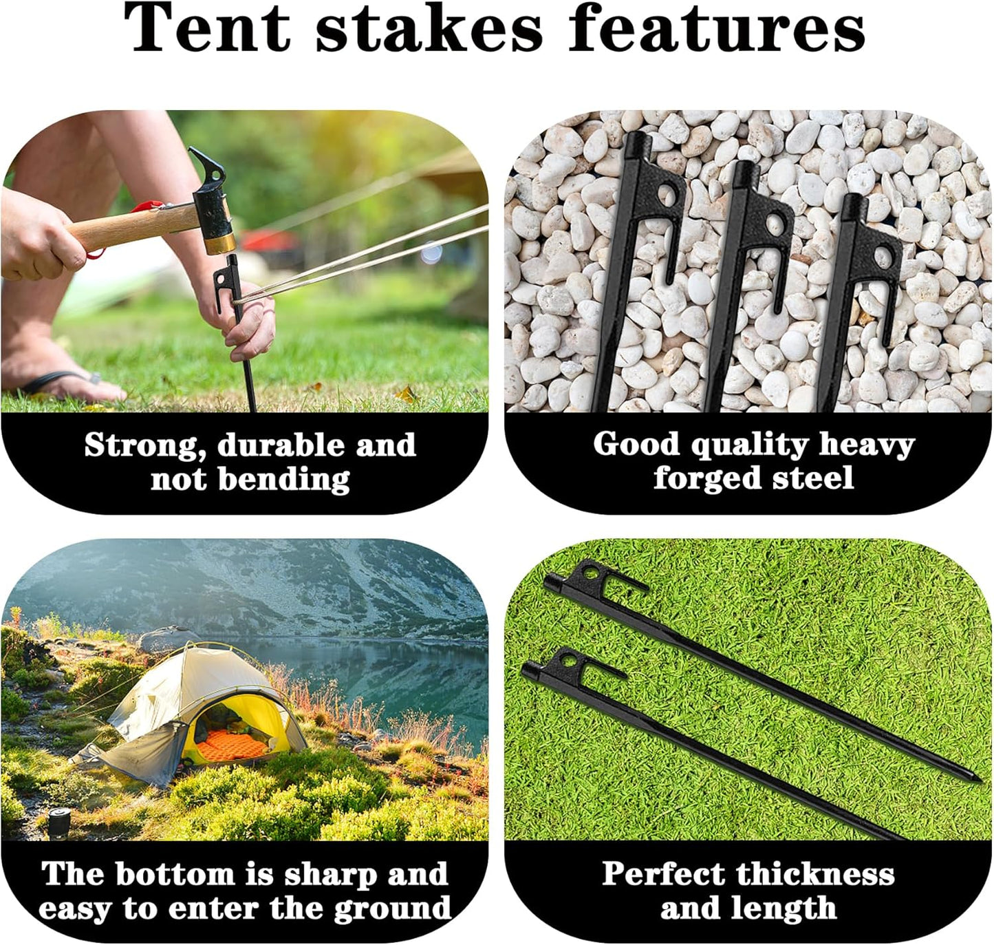 12 Pack Tent Stakes Heavy Duty, Metal Tent Stakes, Black Camping Stakes, Steel Tent Spikes, Canopy Stakes, Tent Pegs for Car Camping, Yard Decoration, Tarp, Shade Tent, Picnic