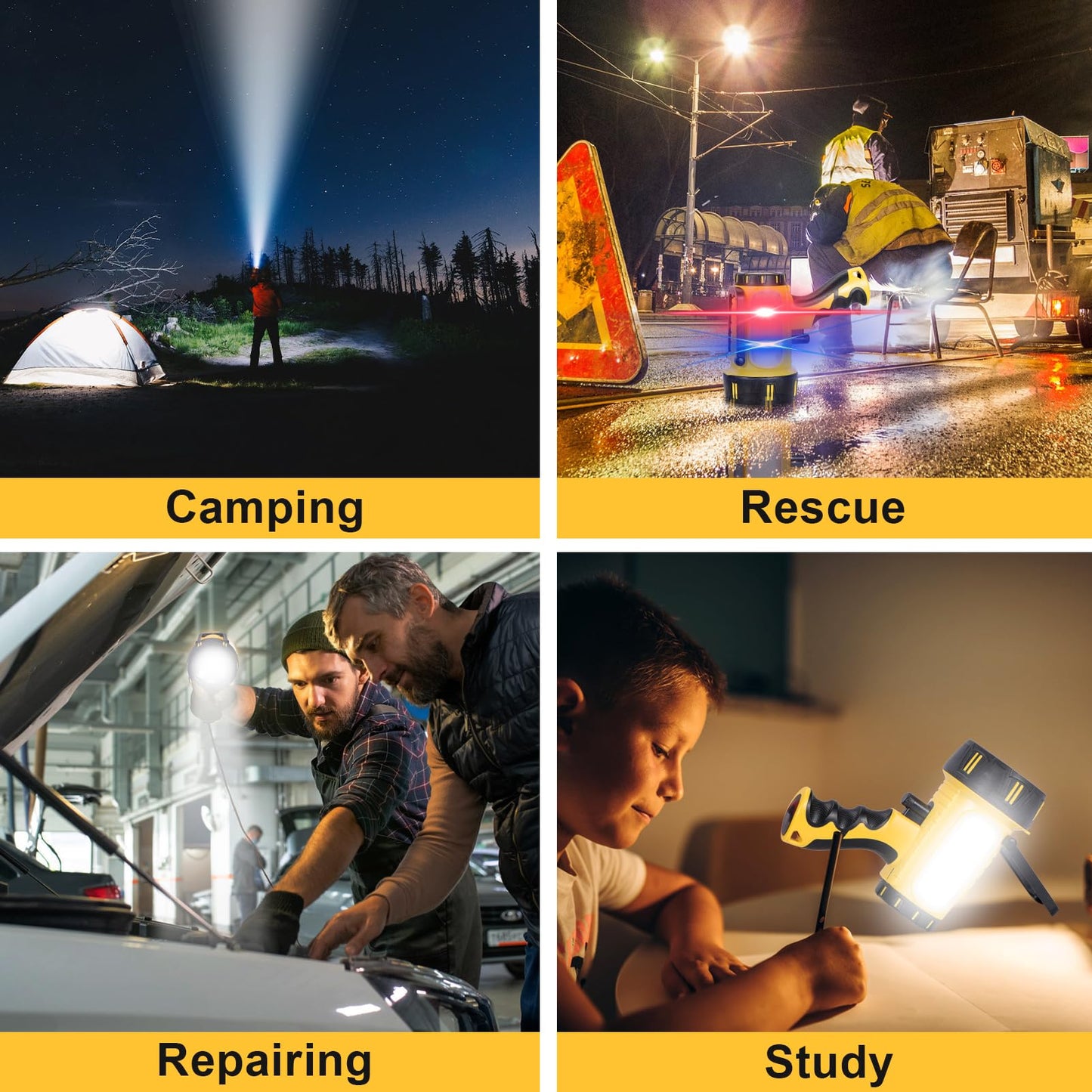 WEILAI Super Bright Rechargeable Spotlight Handheld Rechargeable LED Flashlight Tactical Searchlight with USB Output 6 Light Modes Camping Light (Yellow)