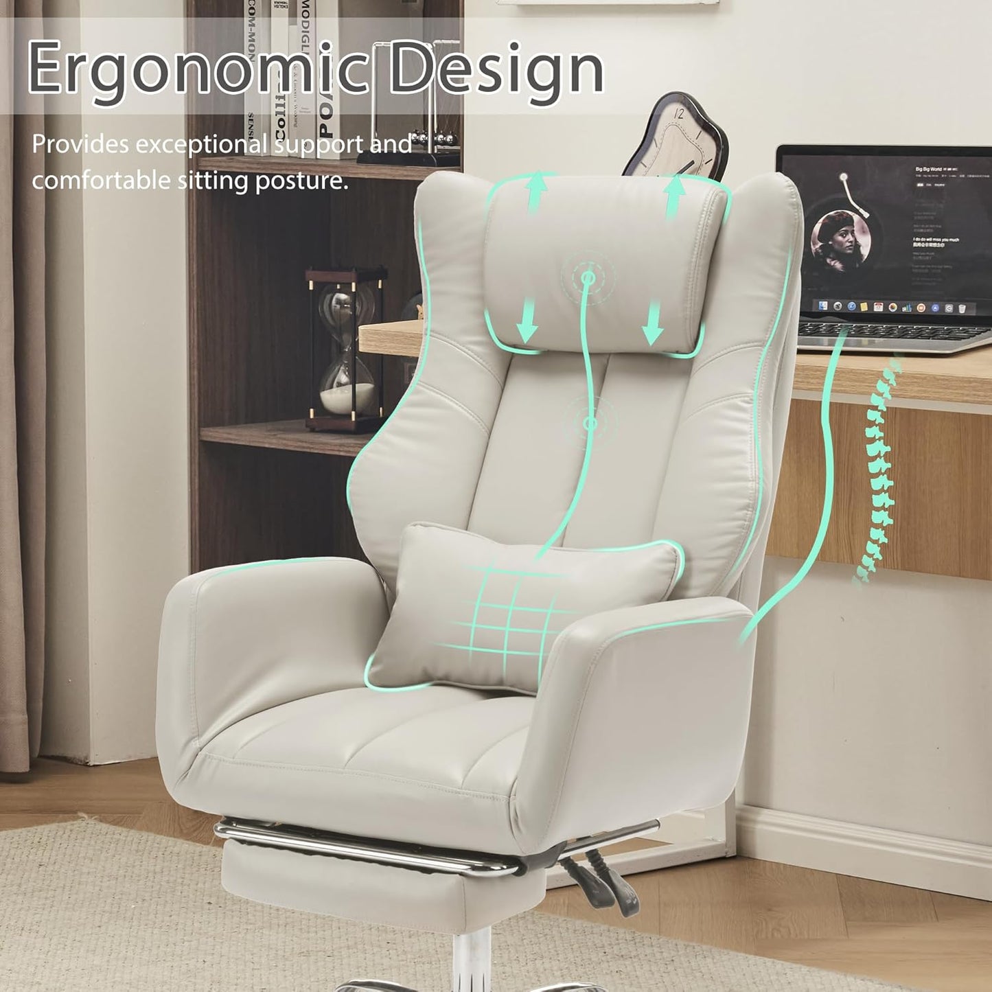 Ergonomic Cross Legged Office Chair with Footrest,Leather Big and Tall Executive Chair with Wheels,Reversible Armrest and Lumbar Pillow,135° Reclining Computer Wide Desk Chair for Home,Office (Beige)