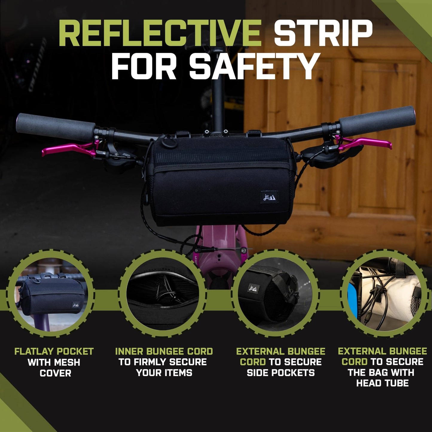 JRC Components Bike Handlebar Bag for Bicycles | Water Resistant 900D Polyester Bicycle Handlebar Bag - Bike Front Bag | Handle Bar Bag with YKK Aquaguard Zipper and Adjustable Bungee Cord - Black